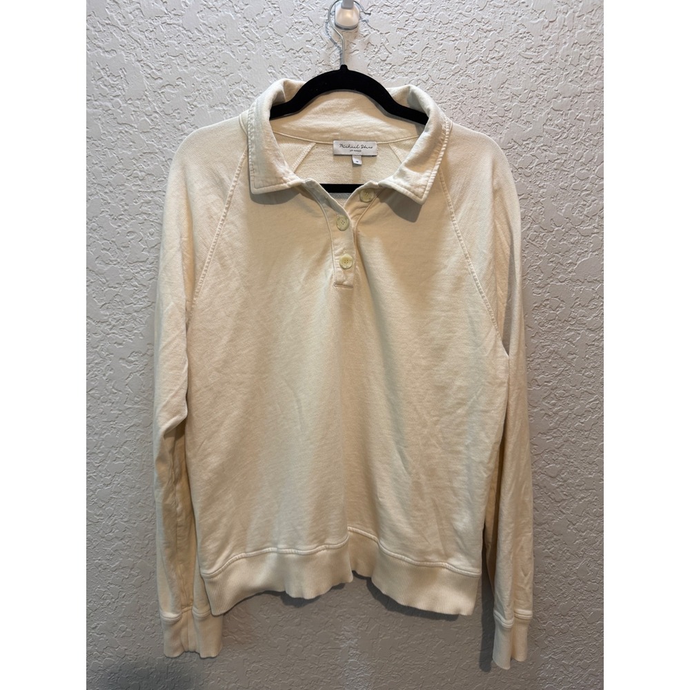 Michael Stars Polo Collar Sweatshirt Size M Cream Preppy Coastal Minimalist